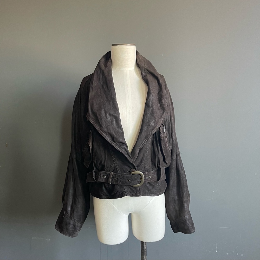 Vintage Lamb Leather Draped Jacket Belted Brown Cropped Moto Oversized Biker